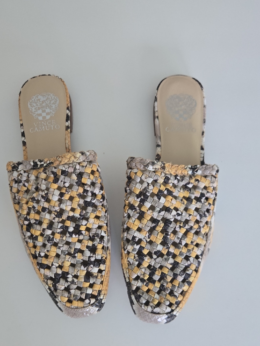 Vince Camuto Woven Slip-On Mules In Yellow, Black & White